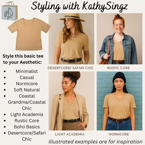 Khaki V Neck Tee Shirt Size XL Soft Lightweight Casual Top Beigecore Tan Basic - Picture 4 of 10